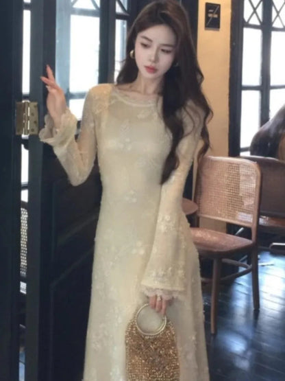 Lace Midi Dress for French Flare Sleeve Slim Aline Long Dresses Autumn Vestidos Female Clothing New