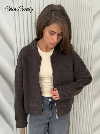 Knit Zipper Cardigan for Loose O Neck Long Sleeve Sweater Top Female Fall Winter All-matching Knitwear