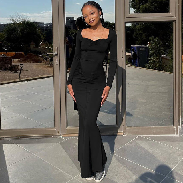 Long Sleeve Party Dresses High Waist Slim Fit ’s Evening Dress Color Pleated Long Dresses