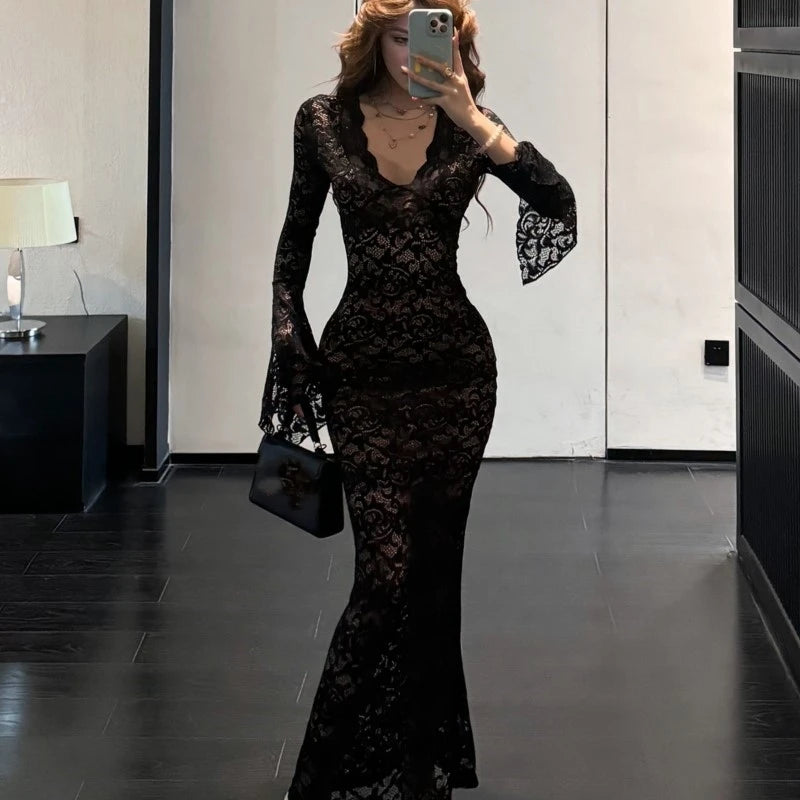 Bodycon Lace Long Dresses for V-neck Flare Sleeves Slim Mermaid Evening Party Dress Club Prom Robe Vestidos