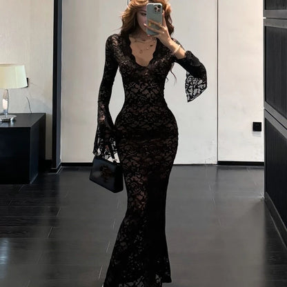 Bodycon Lace Long Dresses for V-neck Flare Sleeves Slim Mermaid Evening Party Dress Club Prom Robe Vestidos