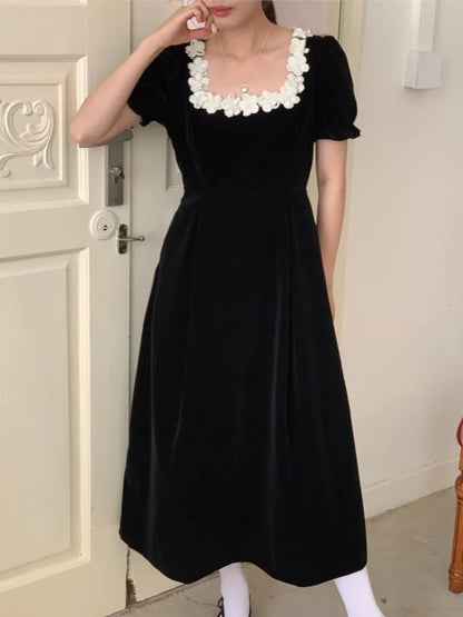 Autumn French Black Velvet Midi Dresses for Puff Sleeves Square Collar A-line Korean Vestido Mujer New