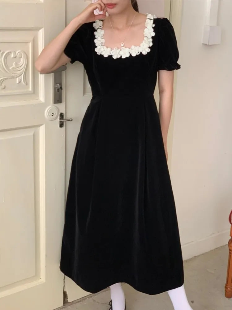Autumn French Black Velvet Midi Dresses for Puff Sleeves Square Collar A-line Korean Vestido Mujer New