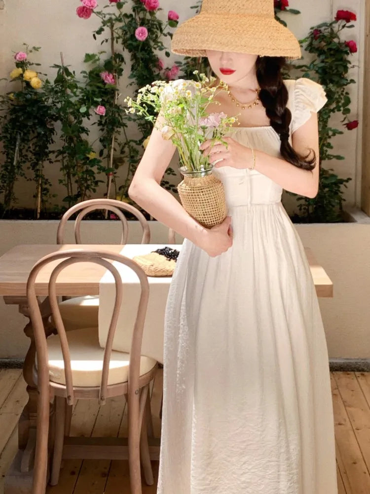Midi Dresses for Summer New Square Collar High Waist Princess Party Dress A-line Vestido Mujer