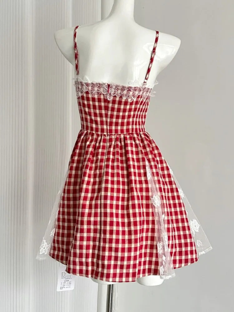 Y2k Red Plaid Mini Dresses for Spaghetti Strap Lace Patchwork A-line Birthday Party Dress Korean One Piece Vestido