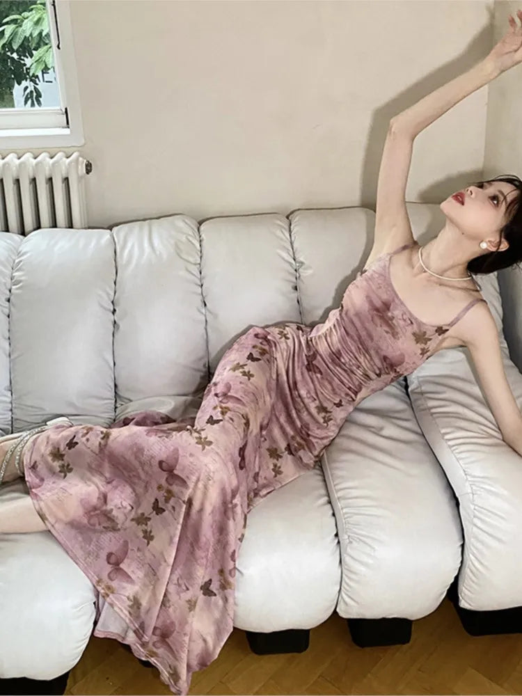 Printed Long Dresses for Mesh Spaghetti Strap Slim A-line Party Dress Summer Korean One Piece Vestido Mujer