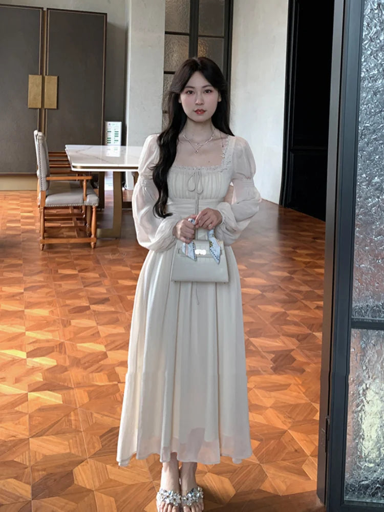 French Lantern Sleeve Lace Up Midi Dress Summer Square Neck Evening Party Prom Robe Female Vestidos Mujer Autumn