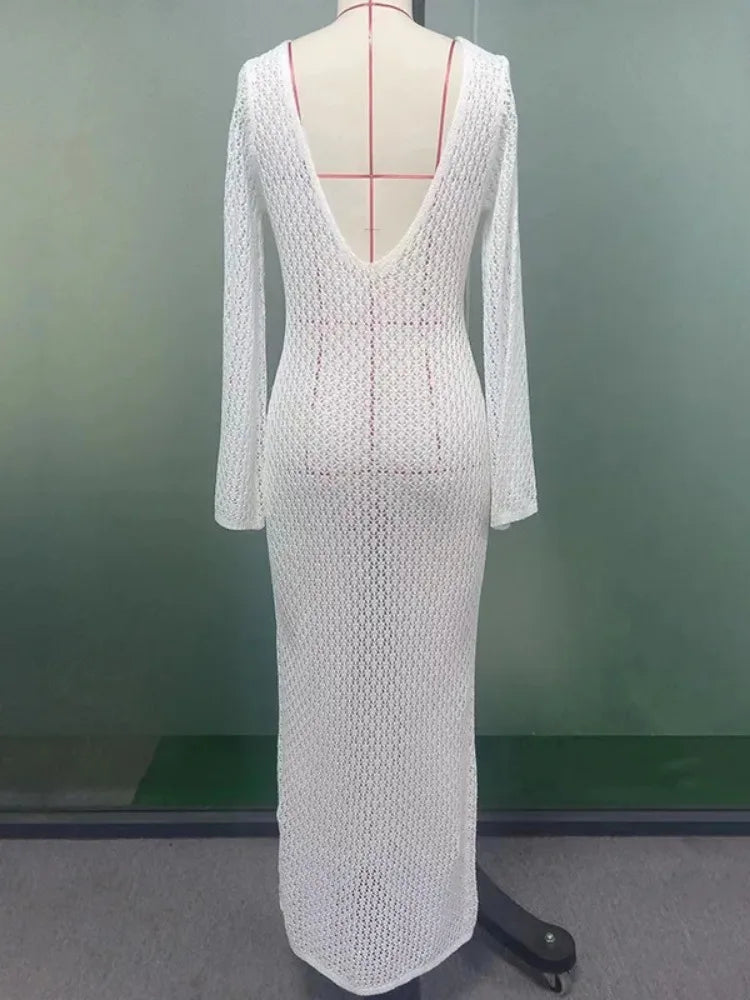Crochet Beach Maxi Dress ’s Knitted Hollow Bikini Swimsuit Cover-up Sun Protection Dress See Through Slim Lady