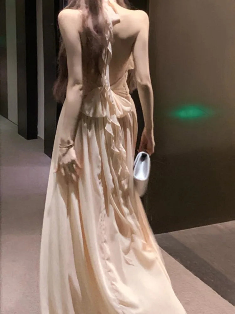 Neackmounted Backless Long Dresses Beach Gentle Fairycore Flower Design Sense Aline Vneck Off Shoulder Backless Dress