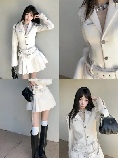 French Highend White Suit Dress Clothing Autumn New Long Sleeve Waist Belted Slimming Aline Pleated Mini Dress