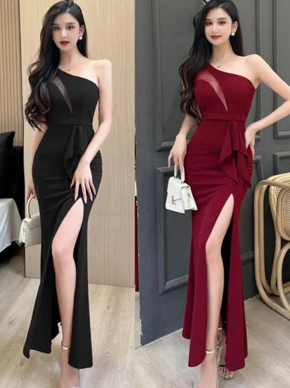 Backless Slim Split Long Dress Summer Sleeveless Off Shoulder Club Party Mesh Dresses