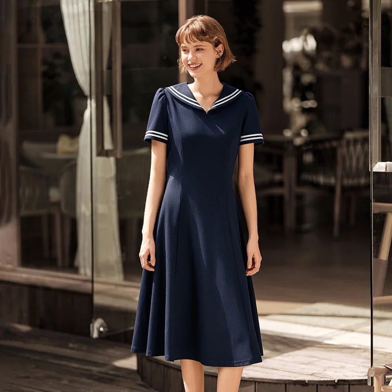 Dress Navy Collar With a Collegiate and Artistic Style Summer New White Moonlight Waist-cinched Long Dress