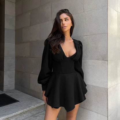 Low Cut Long Sleeve Pleated Mini Dress Wrap Waist Slim Party Vestido Spring Fall Harajuku Y2k Clothes