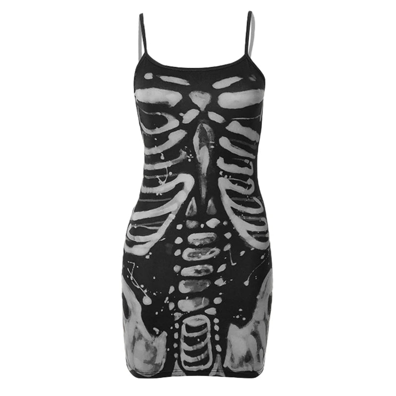 Gothic Dress Summer Spaghetti Strap Sleeveless Bone Printed Mini Dresses Y2k Aesthetic Punk Graphic Dress