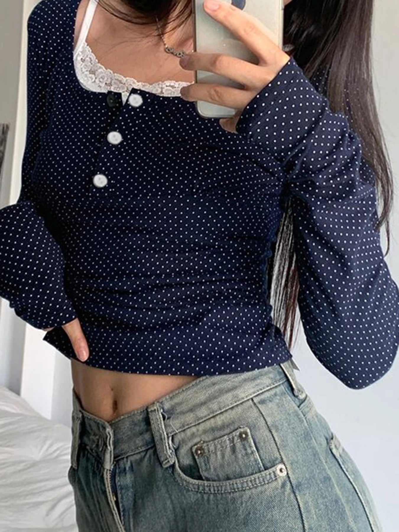 Dot Print Slim Y2k Long Sleeve T-shirt Contrast Lace Patchwork Button Up Square Collar Japanese Kawaii 2000s Tees