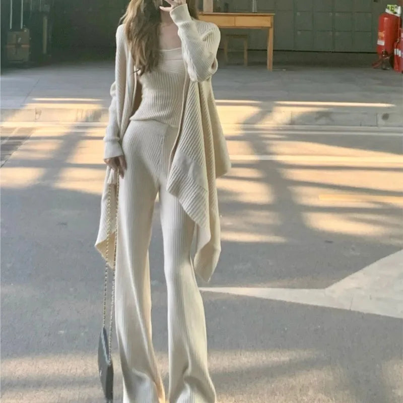 Autumn Winter Knitted 3-piece Set Tank Top Long Pants Cardigan Sweater Pullover Korean Outfits New