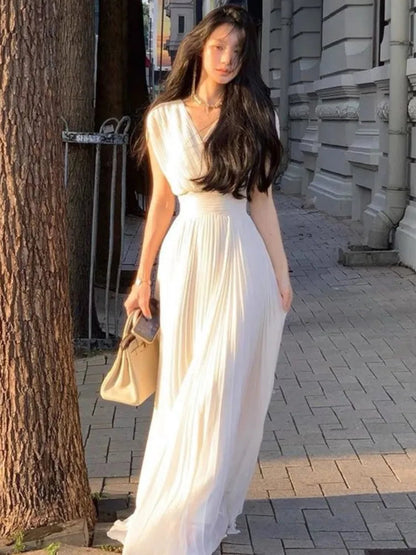 Summer New Party Pleats Long Dresses for Vneck High Waist Holiday Sleeveless Female Clothing Robe