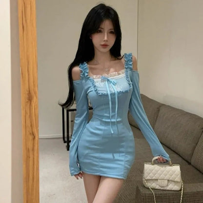 Mini Dresses Ruffles Patchwork Lace Long Sleeve Off Shoulder Slim Square Collar Sweet Party Dress