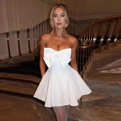 Pearl Bow Waist Wrap Backless Mini Dress