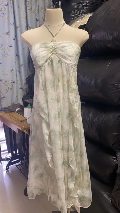 Sleeveless Midi Dresses for Beach Style Chiffon Hanging Neck Strap Holiday Sundress One Piece Vestidos