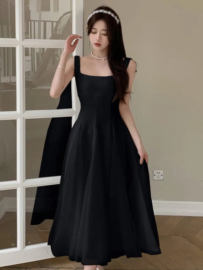 Summer Spring Fairy Dresses Mesh Patchwork Square Collar Sleeveless Evening Party Midi Dress Female Vestidos Robe