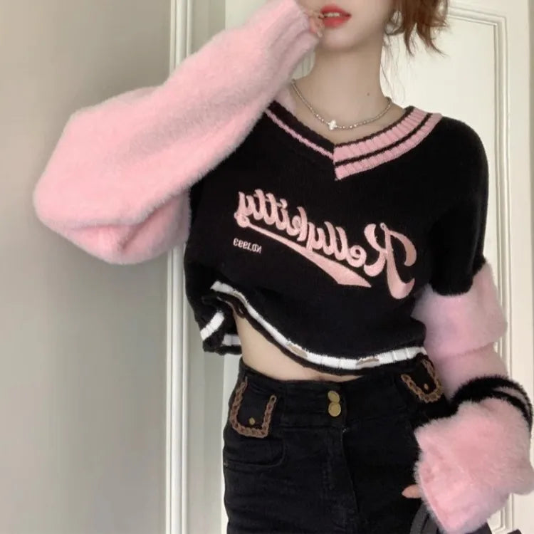 Korean Sweet Vneck Off Shoulder Pullovers Autumn New Embroidery Lazy Tops Y2k Egirl Long Sleeve Sweaters Mujer