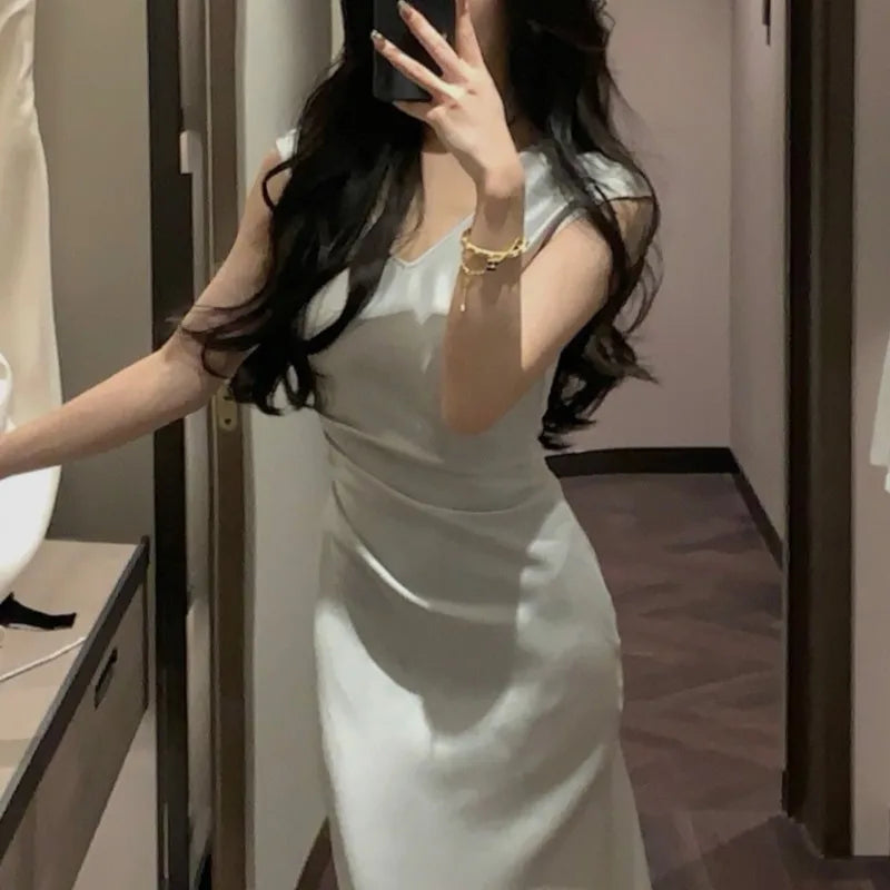 Vneck Slim Midi Dresses for Sleeveless Party Prom Female Clothes Summer