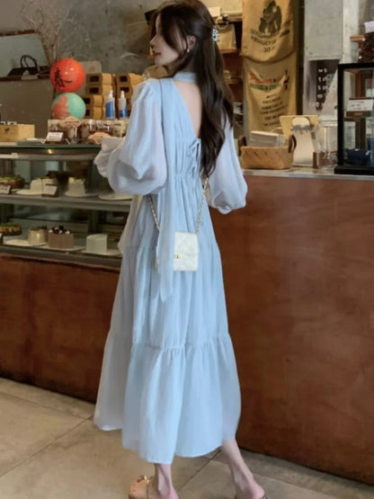 Autumn Midi Dresses for V-neck Flare Sleeves A-line Korean French Vestidos Mujer New