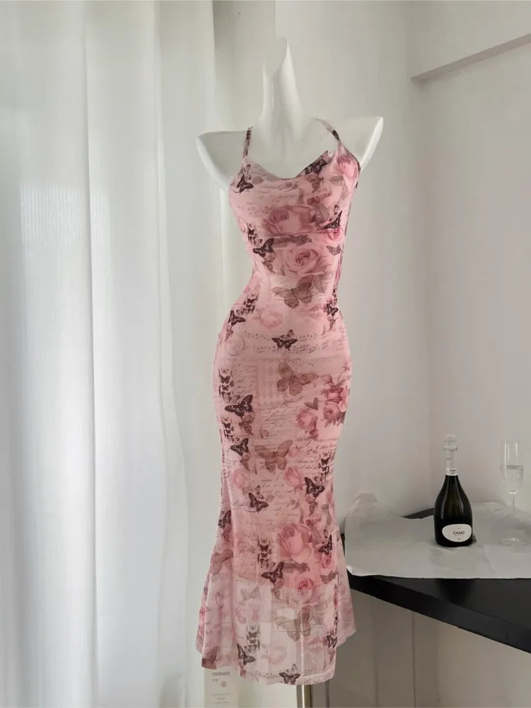 Bodycon Backless Bandage Long Dresses for Summer Printed Spaghetti Strap Laceup Party Dress Prom Vestidos