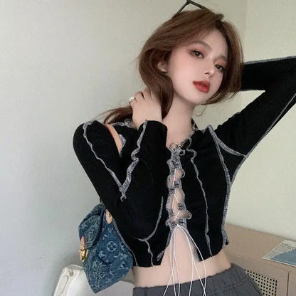 Black Front Bow Tied Shirt Y2k Crop Tops Ruffle Long Sleeve Tee Basic Shirts and Blouses Clothing Brand