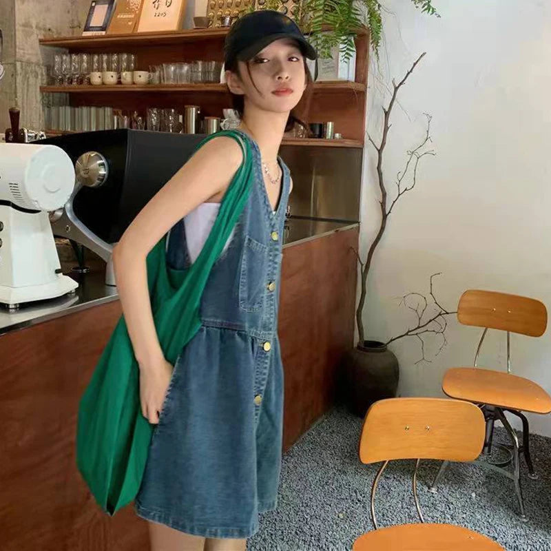 Biyaby Sleeveless Strap Dress Summer Singlebreasted Pockets Denim Dresses Woman Korean Style Loose a Line Mini Dress