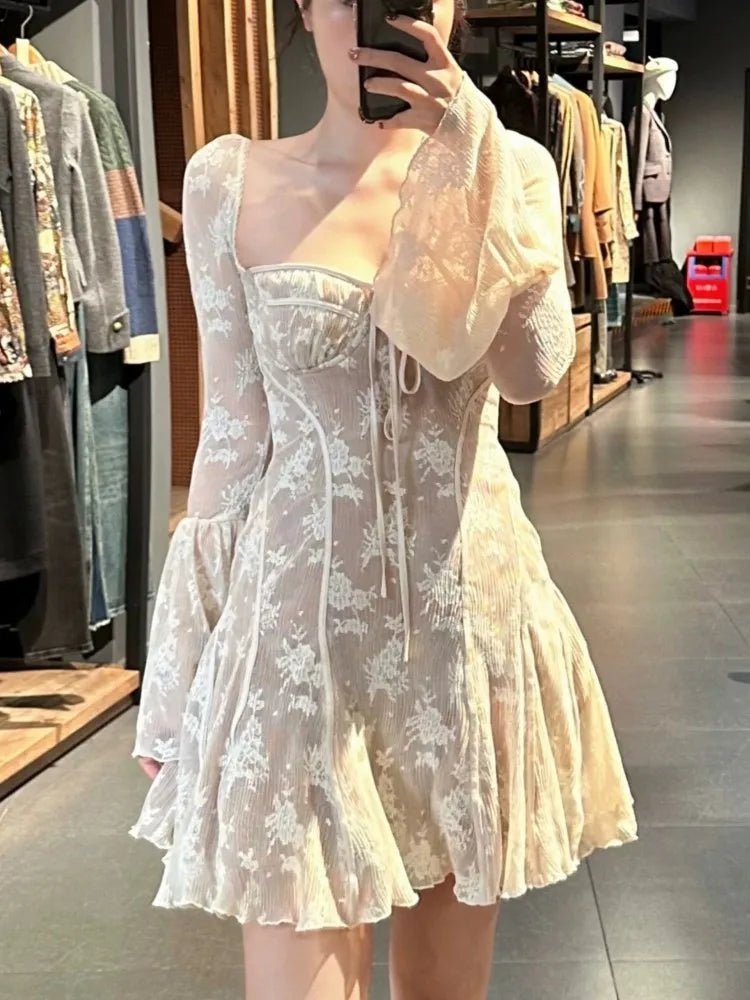 French Lace Mini Dress Y2k Off Shoulder Lace Up Ruffles A-line Autumn Spring Long Sleeve Party Dress Prom Vestidos
