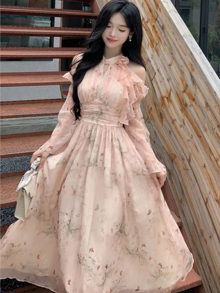 French Printed Midi Dress Autumn Off Shoulder Oneck Long Sleeve Slim Clothing Evening Party Mujer