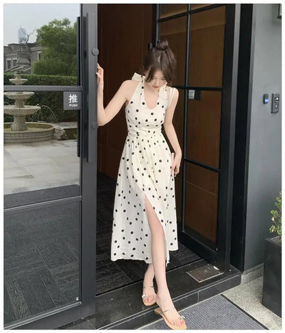 Black Dot Club Pleated Split Long Dresses Sleeveless Halter V Neck Bow Laceup Dress Summer Backless Party Sundress