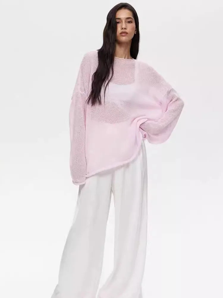 Knitted Hollow Sweater Pullover ’s Loose Long-sleeved Color Round Neck See-through Street Top Pullover