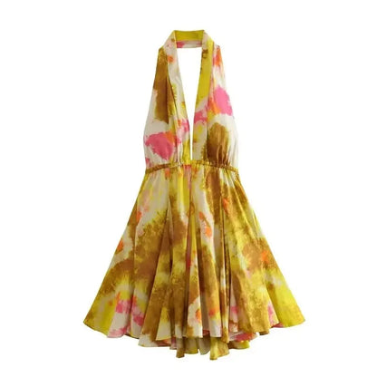 Summer Print Dress New Vacation Style Sleeveless Mini Dress Backless High Street Bodycon Dress