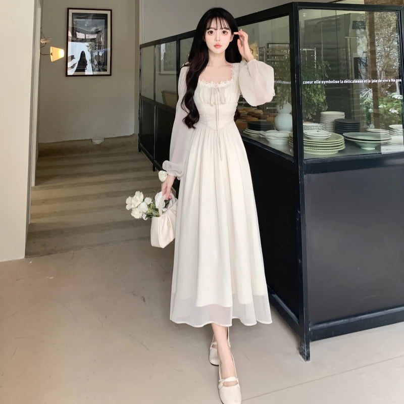 French Princess Evening Party Midi Dresses for Springtime Slim Bandage Long Sleeve Vestidos Korean Summer Clothes