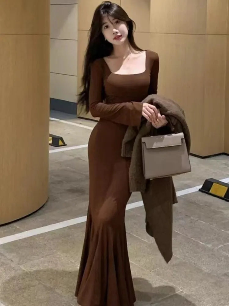 Autumn Long Dresses for Long Sleeves Square Collar Korean Style Slim Fit Mermaid Basic Vestidos New