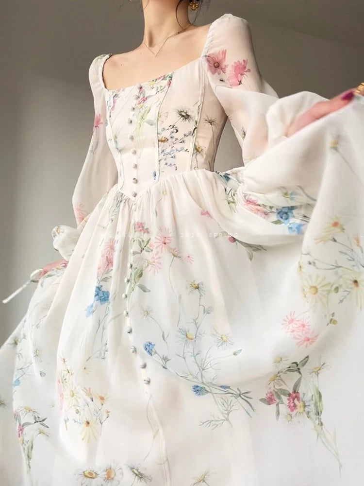 French Vinatge Evening Party Long Dresses for Aline Princess Dress Lantern Sleeve Spring Summer Prom Robe Vestidos