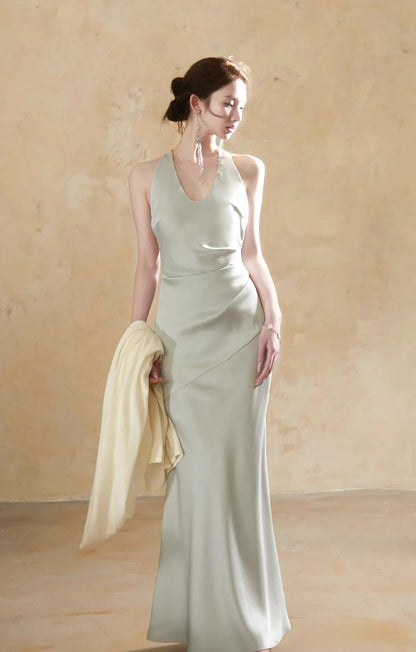 Slim Fit Long Dresses White Cambridge Blue Evening Dresses Spring Neckmounted Backless Mermaid Vestidos