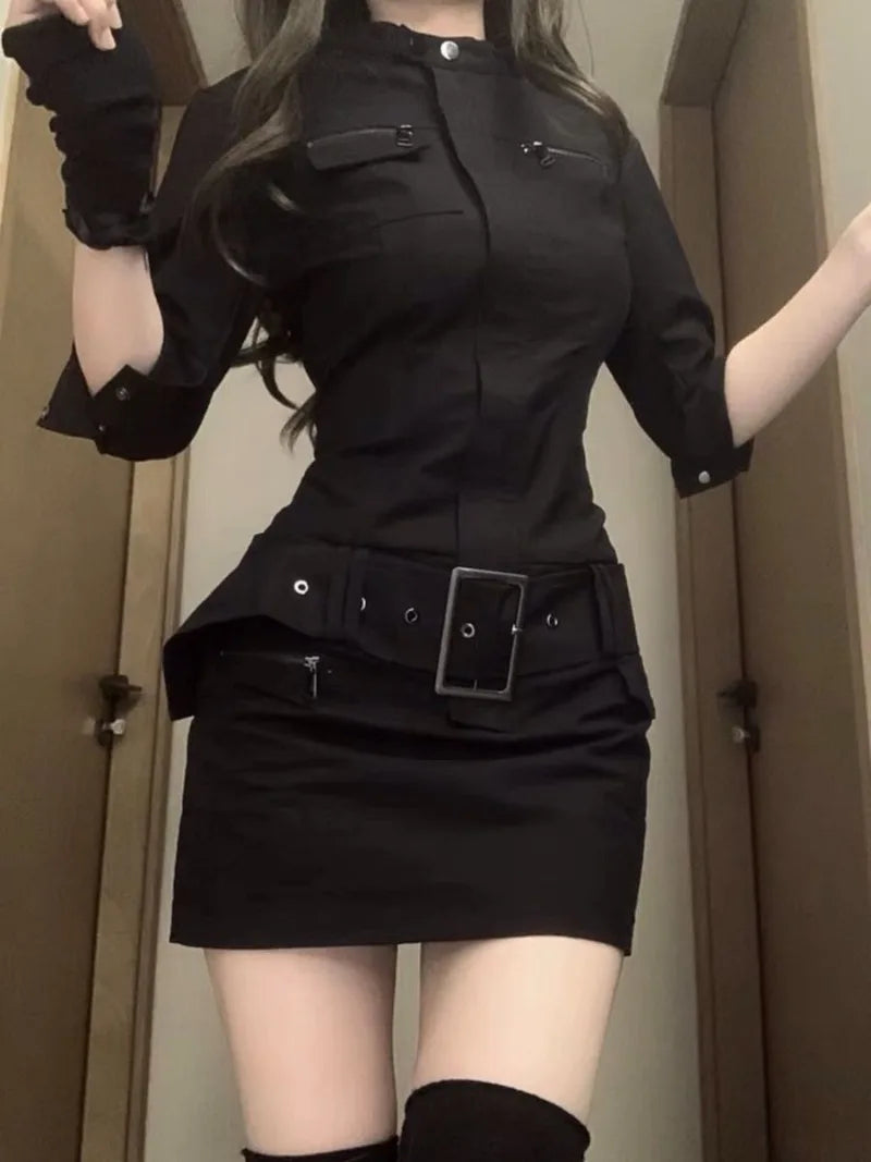 Autumn Cargo Clothing Black Slim Y2k Mini Dress Short Party Bodycon One Piece Korean