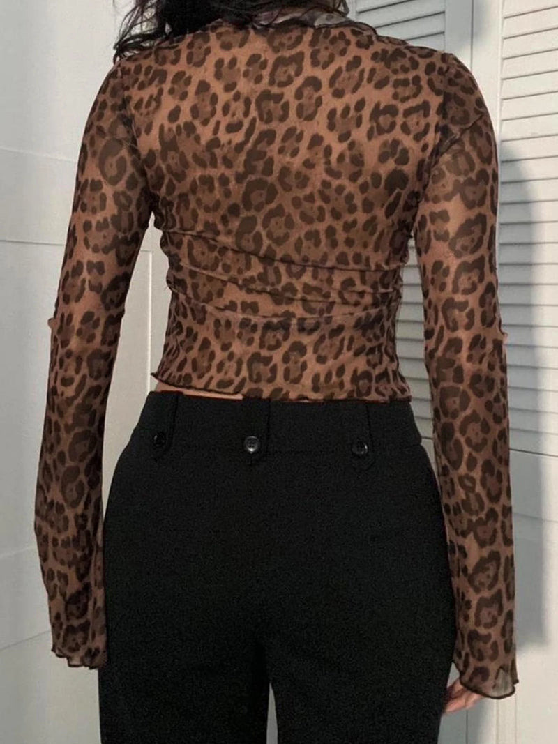 Leopard Print Lace-up Blouse Shirts Semi-sheer Mesh Flared Sleeve Ruffled Cardigan Tops