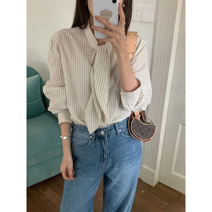 Striped Shirts Tie Long Sleeve Blouses Office Korean Single Breasted Design Tops