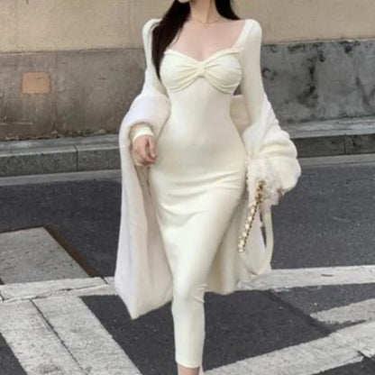 French Autumn New Bodycon Midi Dresses Square Collar Long Sleeve Slim Korean Party Dress Vestidos Mujer