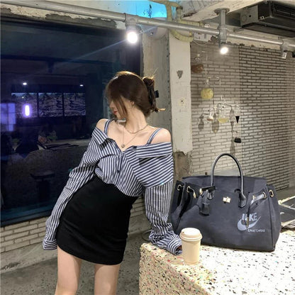 Slash Neck Mini Dress Korean Striped Patchwork Hip Wrap Dresses Long Sleeve Bodycon Design Vestidos New