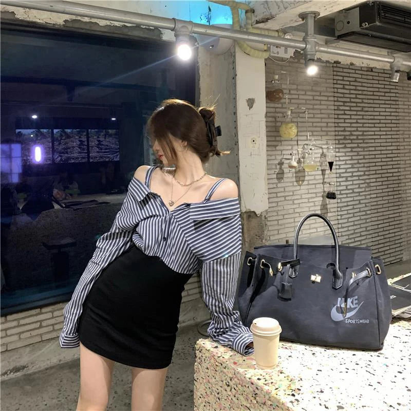 Slash Neck Mini Dress Korean Striped Patchwork Hip Wrap Dresses Long Sleeve Bodycon Design Vestidos New