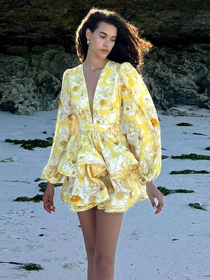 Print Ruffle Long Sleeve A-line Mini Dress