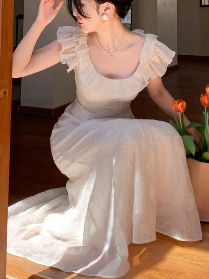 Summer French Midi Dress Ruffles Slim Party Dress Holiday Beach Korean Vestidos