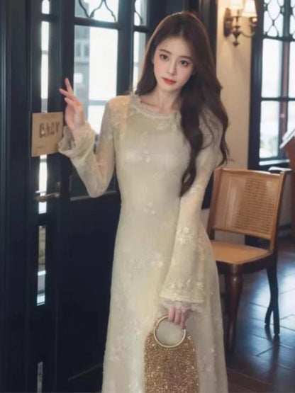 Autumn Spring New Twopiece Midi Dress Sets for Long Sleeve Slim Vestidos Evening Party Robe