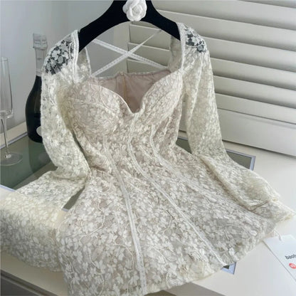 Lace Mini Dresses for Square Collar Flare Sleeve Slim Waist Aline Evening Party Dress Wedding Prom Short Vestidos